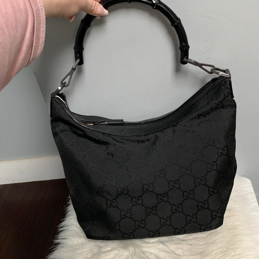 Authentic Gucci black leather and nylon jumbo GG hobo bag w bamboo handle